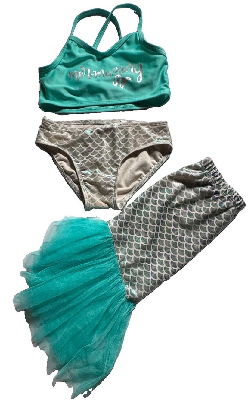 Floatimini Girls Size 6 Mermaid 3 Piece Swimsuit Bikini Tail Skirt Tulle Set